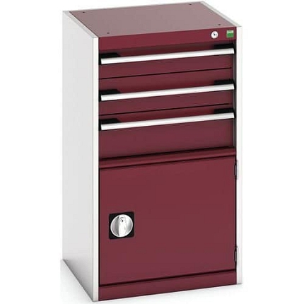 Dílenská zásuvková skříň Bott Cubio, 90 x 52,5 x 52,5 cm, 3 zásuvky, 1 skříňka, šedá-červená