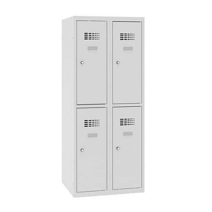 Snížená školní šatní skříň, 4 oddíly, 300 mm, šedá/šedá, cylindrický zámek