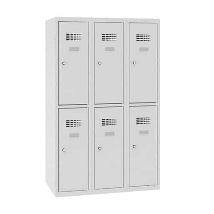 Snížená školní šatní skříň, 6 oddílů, 300 mm, šedá/šedá, cylindrický zámek