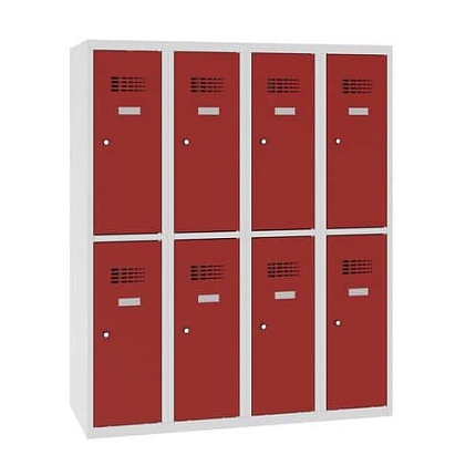 Snížená školní šatní skříň, 8 oddílů, 300 mm, šedá/červená, cylindrický zámek