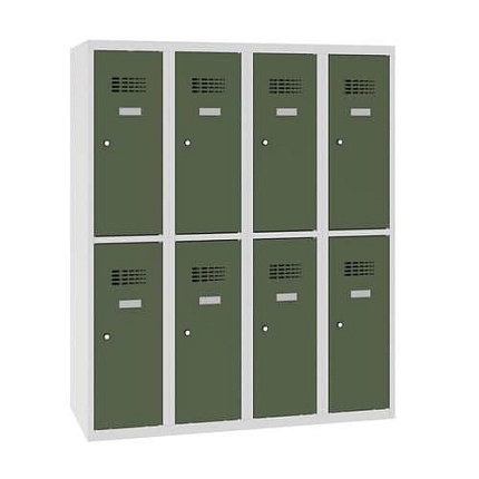 Snížená školní šatní skříň, 8 oddílů, 300 mm, šedá/zelená, cylindrický zámek