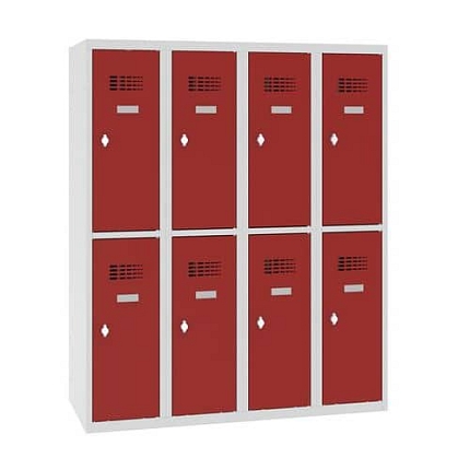 Snížená školní šatní skříň, 8 oddílů, 300 mm, šedá/červená, otočný uzávěr