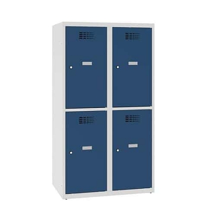 Snížená školní šatní skříň, 4 oddíly, 400 mm, šedá/tmavě modrá, cylindrický zámek