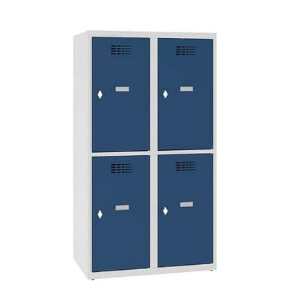 Snížená školní šatní skříň, 4 oddíly, 400 mm, šedá/tmavě modrá, otočný uzávěr