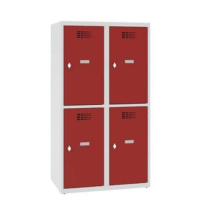 Snížená školní šatní skříň, 4 oddíly, 400 mm, šedá/červená, otočný uzávěr
