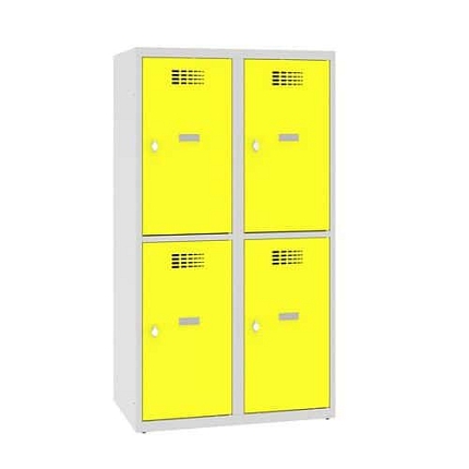 Snížená školní šatní skříň, 4 oddíly, 400 mm, šedá/žlutá, otočný uzávěr