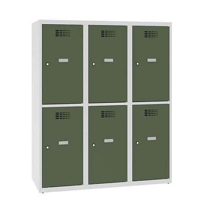 Snížená školní šatní skříň, 6 oddílů, 400 mm, šedá/zelená, cylindrický zámek