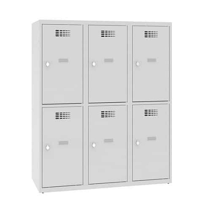 Snížená školní šatní skříň, 6 oddílů, 400 mm, šedá/šedá, otočný uzávěr