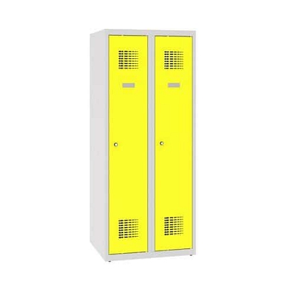 Snížená školní šatní skříň, 2 sloupce, 300 mm, šedá/žlutá, cylindrický zámek