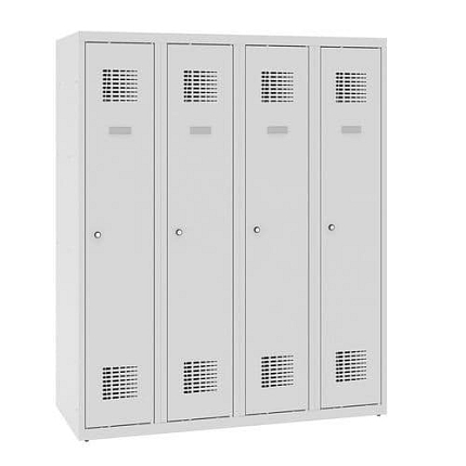 Snížená školní šatní skříň, 4 sloupce, 300 mm, šedá/šedá, cylindrický zámek