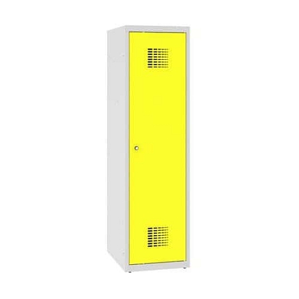 Snížená školní šatní skříň, 1 sloupec, 400 mm, šedá/žlutá, cylindrický zámek