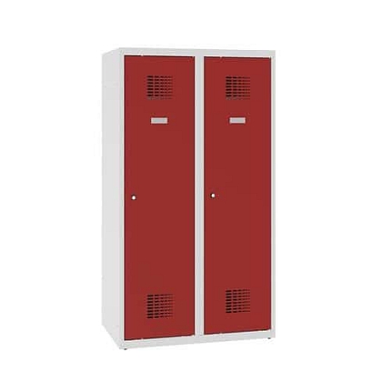 Snížená školní šatní skříň, 2 sloupce, 400 mm, šedá/červená, cylindrický zámek