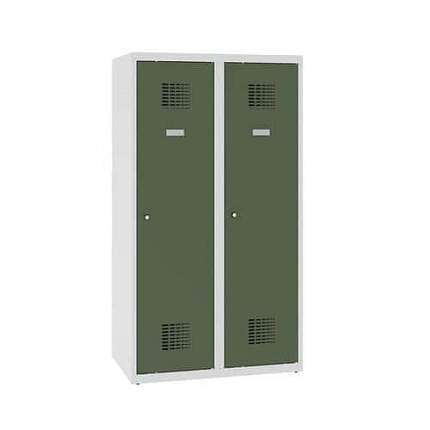 Snížená školní šatní skříň, 2 sloupce, 400 mm, šedá/zelená, cylindrický zámek