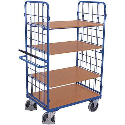 Policový vozík s mřížovými bočnicemi a ruční brzdou, 4 police, 119,5 x 71,5 x 182,5 cm, modrý