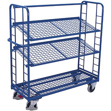 Policový vozík se šikmými mřížovými policemi, 3 police, 151 x 55 x 153,5 cm, modrý