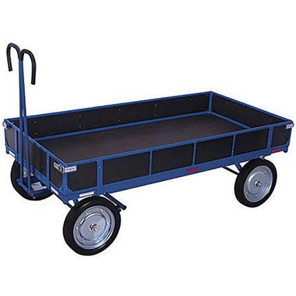 Ruční vozík s tažným madlem a plnými bočnicemi, do 1 250 kg, plná kola, modrý, 208 x 103 x 134 cm