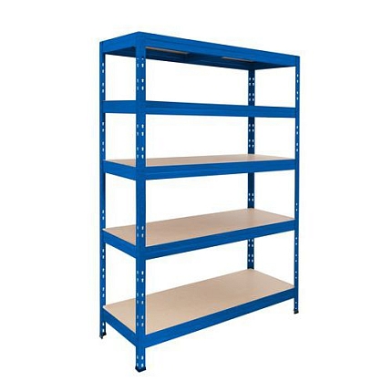 Kovový regál Manutan Expert Rapid 3, 180 x 150 x 60 cm, 250 kg/police, 5 dřevovláknitých HDF polic, modrý