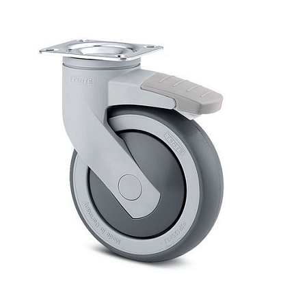 Gumové přístrojové kolo s přírubou, průměr 125 mm, otočné s brzdou, kuličkové ložisko