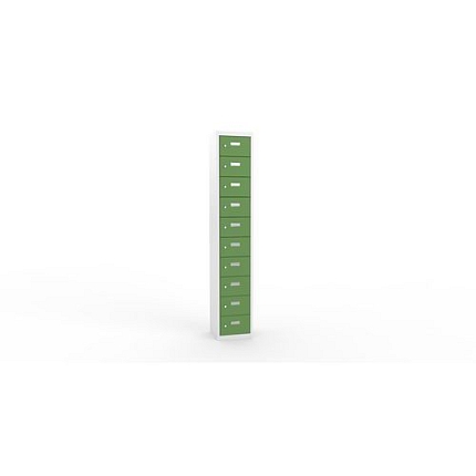 Svařovaná skříň na osobní věci Ron I, 10 boxů, cylindrický zámek, šedá/zelená