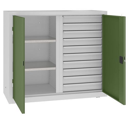 Kovová dílenská skříň na nářadí se zásuvkami, 104 x 120 x 50 cm, 10 zásuvek, šedá/zelená