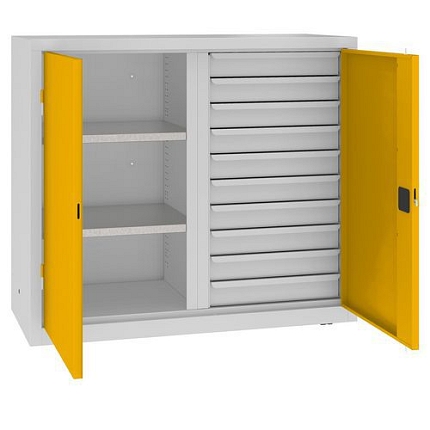 Kovová dílenská skříň na nářadí se zásuvkami, 104 x 120 x 50 cm, 10 zásuvek, šedá/žlutá