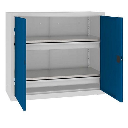 Kovová dílenská skříň, 104 x 120 x 50 cm, 2 zásuvky, šedá/tm. modrá