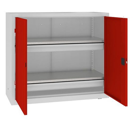 Kovová dílenská skříň, 104 x 120 x 50 cm, 2 zásuvky, šedá/červená