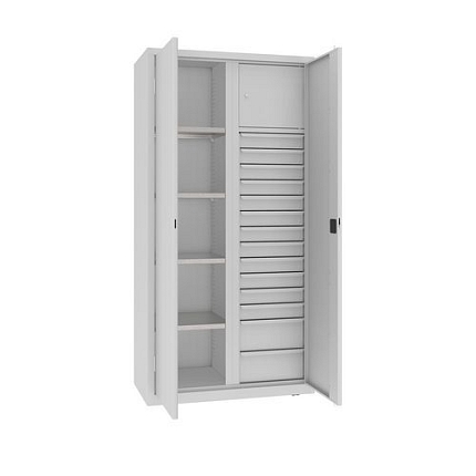 Kovová dílenská skříň na nářadí se zásuvkami, 199 x 100 x 50 cm, 14 zásuvek, šedá/šedá