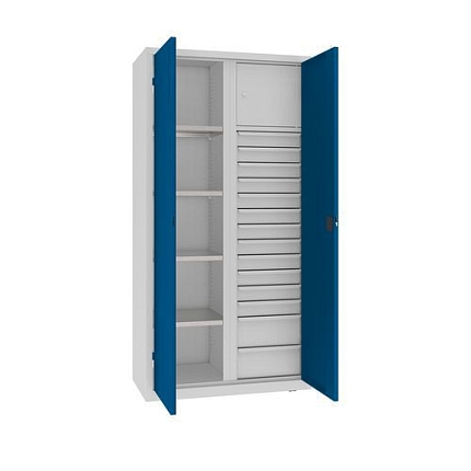 Kovová dílenská skříň na nářadí se zásuvkami, 199 x 100 x 50 cm, 14 zásuvek, šedá/tm. modrá