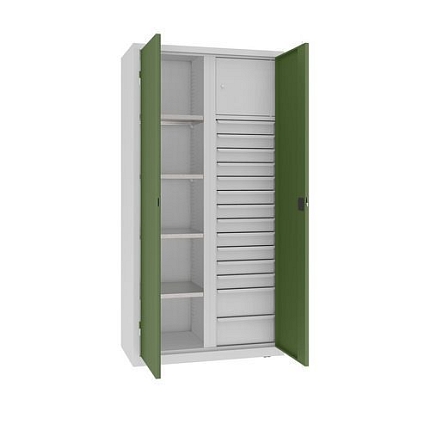 Kovová dílenská skříň na nářadí se zásuvkami, 199 x 100 x 50 cm, 14 zásuvek, šedá/zelená