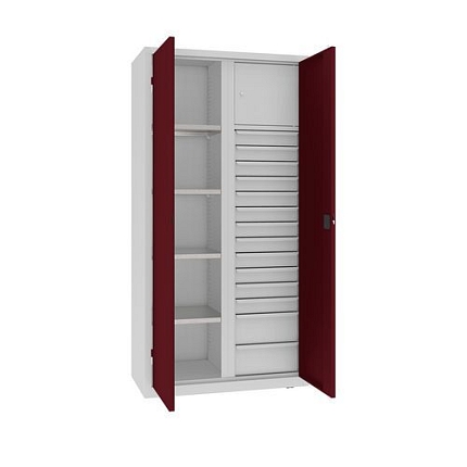 Kovová dílenská skříň na nářadí se zásuvkami, 199 x 100 x 50 cm, 14 zásuvek, šedá/tm. červená