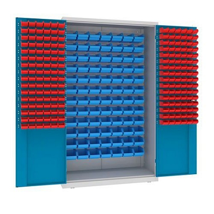 Kovová dílenská skříň s boxy, 199 x 120 x 50 cm, šedá/sv. modrá