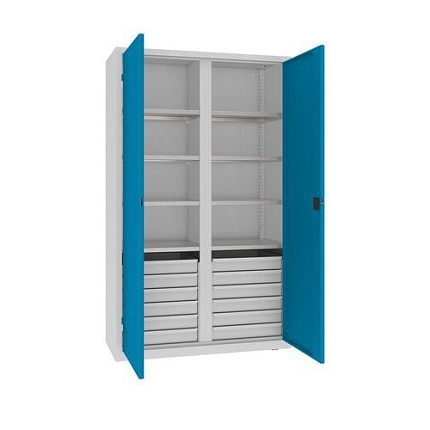 Kovová dílenská skříň na nářadí se zásuvkami, 199 x 120 x 50 cm, 12 zásuvek, šedá/sv. modrá