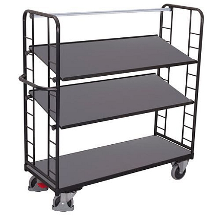 Vysoký policový vozík s madlem a šikmými policemi, 3 police, 153,5 x 151 x 55 cm, šedý