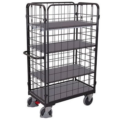 Policový vozík se 4 mřížovými stěnami, 4 police, do 400 kg, 104 x 54 x 178 cm, šedý