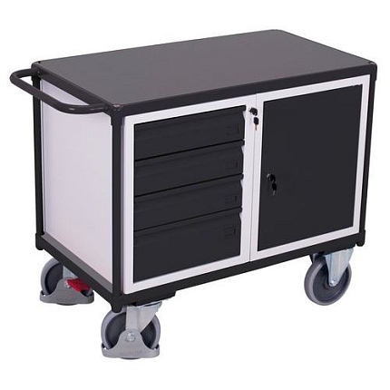 Dílenský vozík se skříňkou a 4 zásuvkami, 93 x 119 x 60 cm, šedý