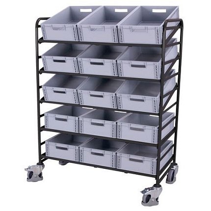 Policový vozík Euro s přepravkami a šikmými policemi, 5 polic, 135 x 66,5 x 170 cm, šedý