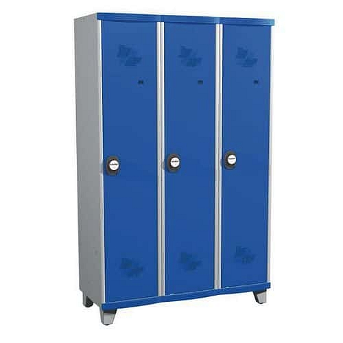 Svařovaná šatní skříň s mezistěnou Acial, 3 oddíly, 400 mm, na nohách, kódový zámek, šedá/modrá