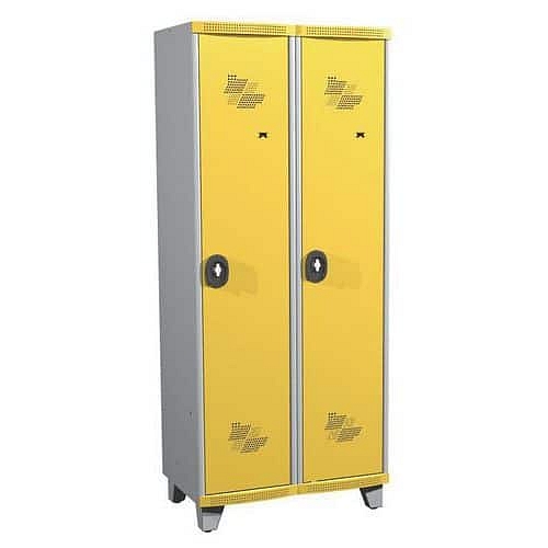 Svařovaná šatní skříň s mezistěnou Acial, 2 oddíly, 400 mm, na nohách, otočný uzávěr, šedá/žlutá