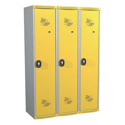 Svařovaná šatní skříň s mezistěnou Acial, 3 oddíly, 400 mm, otočný uzávěr, šedá/žlutá