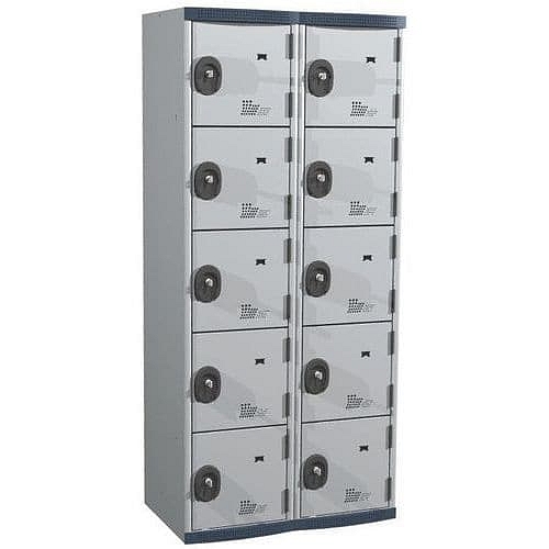 Svařovaná šatní skříň Acial, 2 sloupce, 10 boxů, 400 mm, cylindrický zámek, šedá/šedá