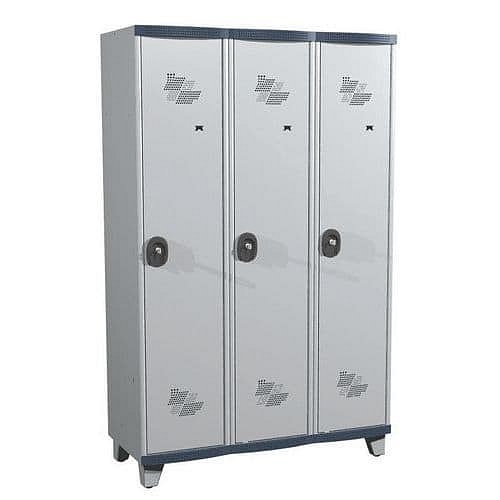 Svařovaná šatní skříň s mezistěnou Acial, 3 oddíly, 400 mm, na nohách, cylindrický zámek, šedá/šedá