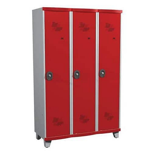 Svařovaná šatní skříň s mezistěnou Acial, 3 oddíly, 400 mm, na nohách, cylindrický zámek, šedá/červená