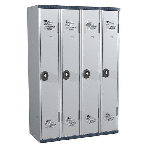 Svařovaná šatní skříň Acial, 4 oddíly, 300 mm, otočný uzávěr, šedá/šedá