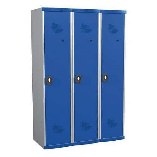 Svařovaná šatní skříň s mezistěnou Acial, 3 oddíly, 400 mm, otočný uzávěr, šedá/modrá