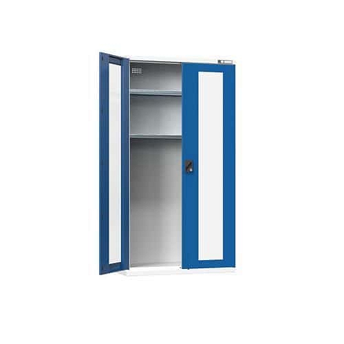 Dílenská dobíjecí skříň, 1044 x 405 x 1950 mm, sklo, šedá-tmavě modrá