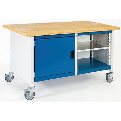Mobilní dílenský stůl Bott Cubio Storage, 84 x 150 x 75 cm, skříňka, otevřený prostor s policí, linoleum, šedá-modrá