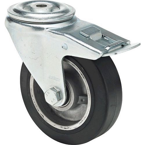 Gumové transportní kolo se středovým otvorem, průměr 125 mm, otočné s brzdou, kuličková ložiska