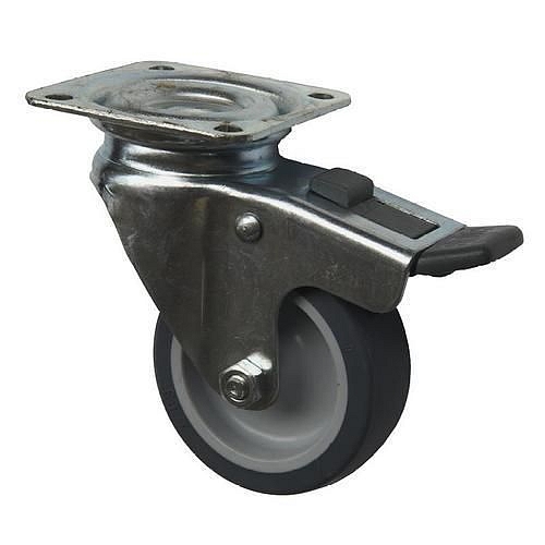 Gumové přístrojové kolo s přírubou, průměr 60 mm, otočné s brzdou, kluzné ložisko