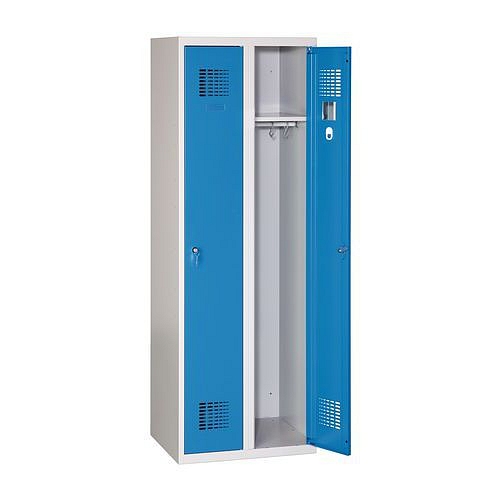 Svařovaná šatní skříň Danny, 2 oddíly, tříbodový zámek, šedá/tm. modrá